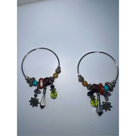 Boho Silver Tone Charm and Stone Dangle Charm Hoop Earrings - Picture 8 of 8